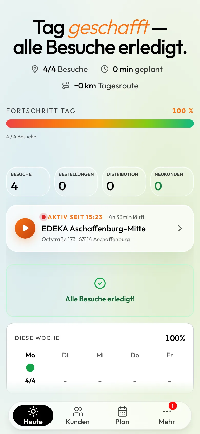 Heute-Ansicht eines Außendienstlers auf dem Smartphone mit Beispieldaten